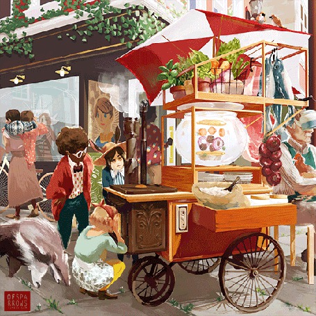 Анимация Дети наблюдают как по волшебству появляется еда, работа художницы Sparrows