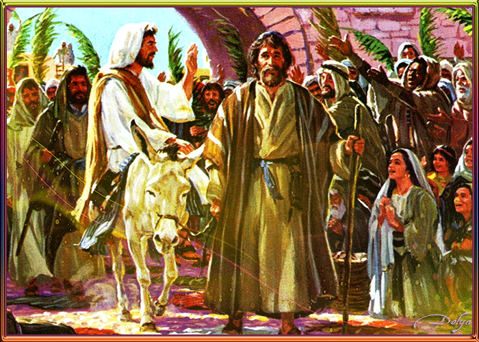 Анимация Вход господень в Иерусалим, Вербное воскресенье. Иисус едет на ослике, вокруг него люди машут пальмовыми ветками, гифка Вход господень в Иерусалим, Вербное воскресенье. Иисус едет на ослике, вокруг него люди машут пальмовыми ветками