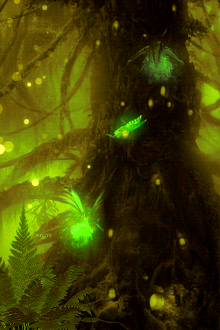 Анимация Феи кружат в волшебном лесу ночью, гифка Феи кружат в волшебном лесу ночью