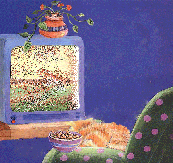 Анимация Полосатый кот у телевизора с чашечкой Китикета видя на экране стаю собак, бегущих на него, подпрыгивает в ужасе, гифка Полосатый кот у телевизора с чашечкой Китикета видя на экране стаю собак, бегущих на него, подпрыгивает в ужасе