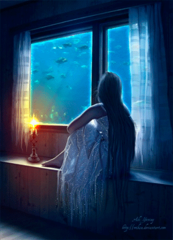 Анимация Девушка с длинными волосами сидит на подоконике и смотрит на рыбок плавающих за окном, гифка Девушка с длинными волосами сидит на подоконике и смотрит на рыбок плавающих за окном