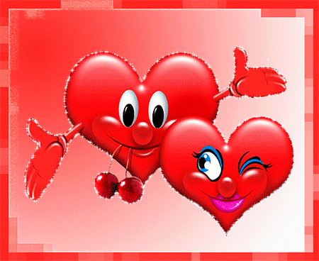 Анимация Два красных сердечка с вишней, гифка Два красных сердечка с вишней