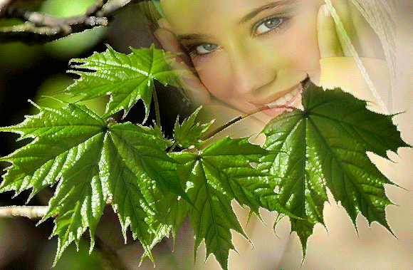 Гиф анимация Красивая девушка улыбается сквозь зеленые листья клена,  страница