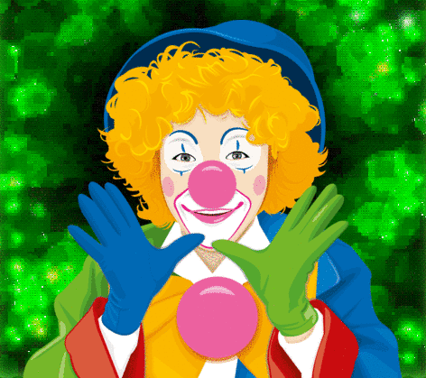 Анимация Веселый клоун в гриме, в разного цвета перчатках на руках и с розовым шариком, гифка Веселый клоун в гриме, в разного цвета перчатках на руках и с розовым шариком