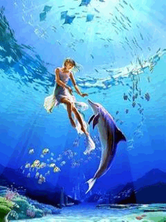 Анимация Девушка с дельфином под водой, гифка Девушка с дельфином под водой