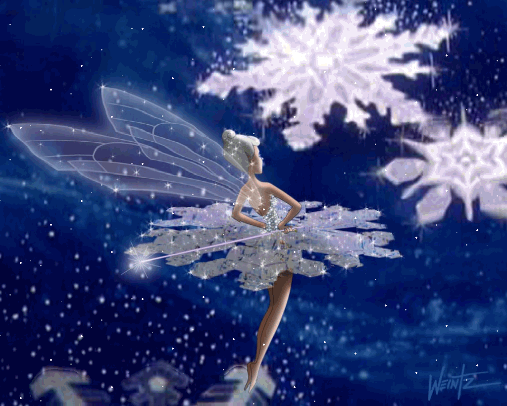 Анимация Девушка-эльф в платье снежинки, гифка Девушка-эльф в платье снежинки