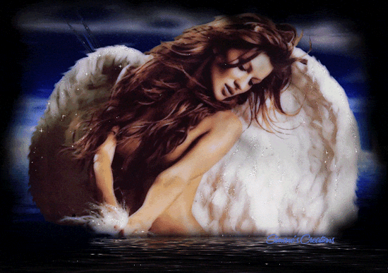Анимация Обнаженная девушка-ангел стоит в воде, склонив голову. Она держит в руках пух от своих белых перьев, который блестит, гифка Обнаженная девушка-ангел стоит в воде, склонив голову. Она держит в руках пух от своих белых перьев, который блестит