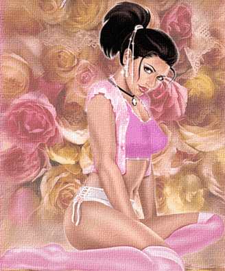 Анимация Девушка в розовом топике, розовых чулках, с украшениями, сидит на фоне роз, гифка Девушка в розовом топике, розовых чулках, с украшениями, сидит на фоне роз