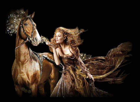 Анимация Конь с блестящей гривой и девушка-наездница, прическа и платье у которой блестят, гифка Конь с блестящей гривой и девушка-наездница, прическа и платье у которой блестят