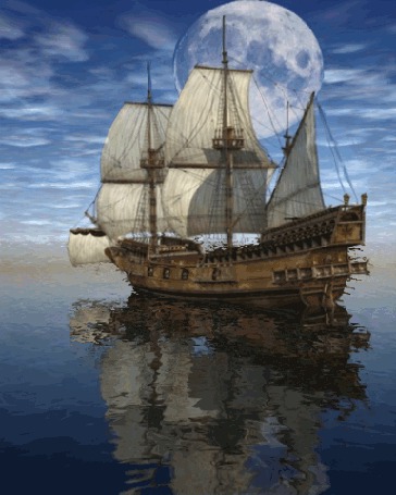 Анимация В море корабль под белыми парусами на фоне далекой планеты и бегущих облаков