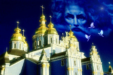 Анимация Церковные купола на фоне синего неба, на котором образ Господа, и три голубя (Благовещенье)