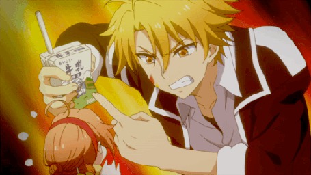 Анимация Парень с орущий на девушку, кадр из аниме Mikagura Gakuen Kumikyoku