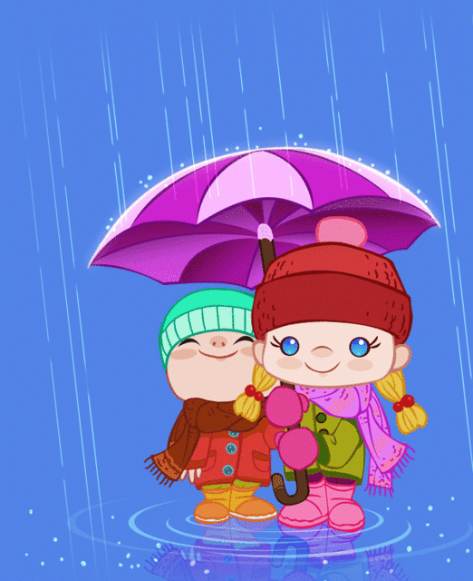 Анимация Дети укрываются от дождя под зонтом, гифка Дети укрываются от дождя под зонтом