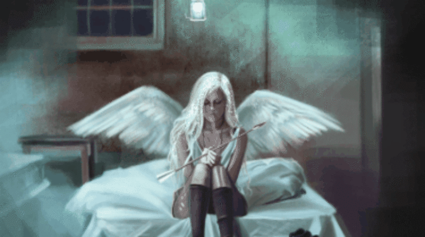 Анимация Ангел на кровати со стрелой, гифка Ангел на кровати со стрелой