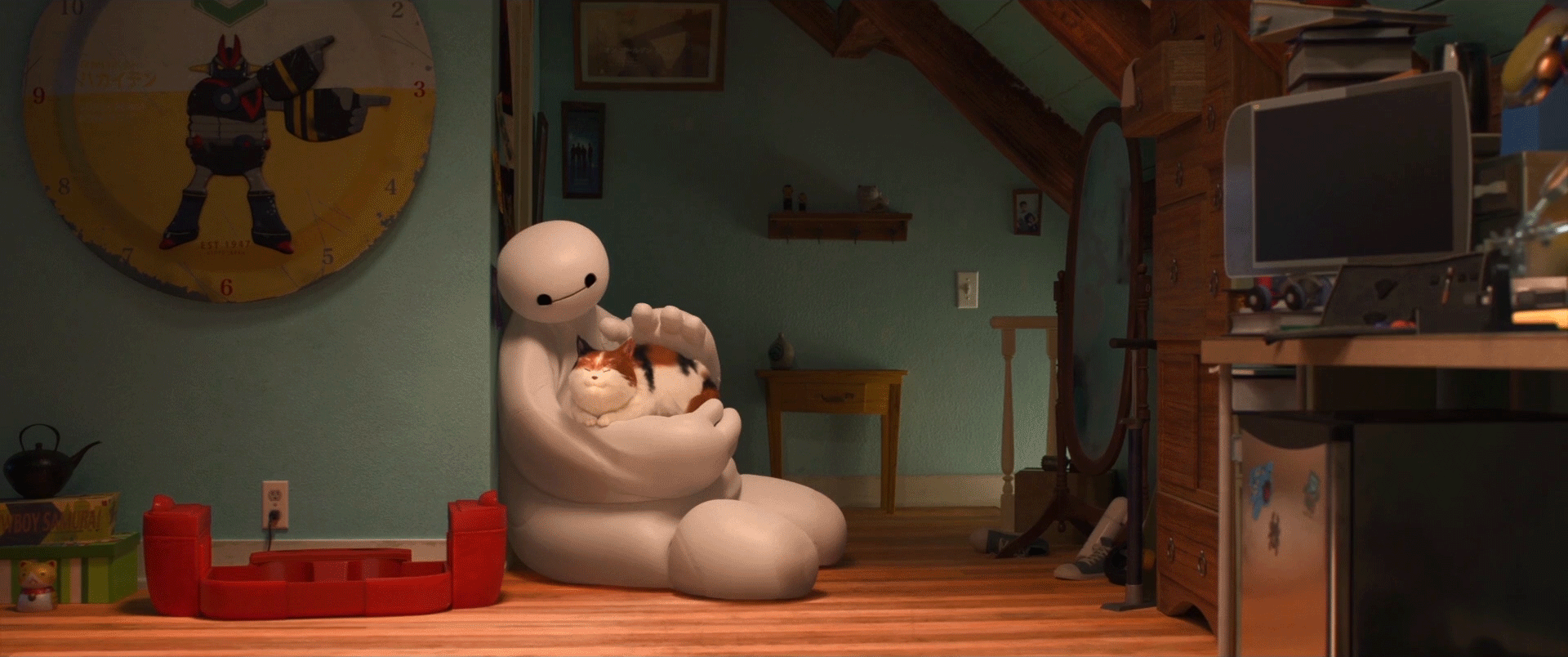 Анимация Baymax гладит кота, кадр из мультика Город героев / Big Hero 6, гифка Baymax гладит кота, кадр из мультика Город героев / Big Hero 6