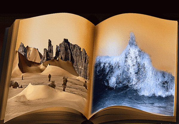 Анимация Раскрытая книга с двумя противоположностями на страницах, вода и пустыня, гифка Раскрытая книга с двумя противоположностями на страницах, вода и пустыня