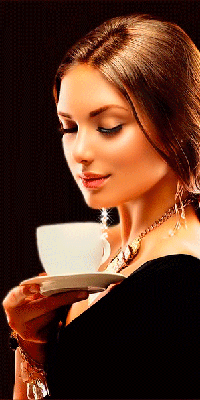 Анимация Девушка держит в руке блюдце с чашечкой кофе, от которого поднимается вверх ароматный пар, гифка Девушка держит в руке блюдце с чашечкой кофе, от которого поднимается вверх ароматный пар