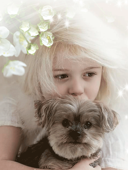Анимация Девочка с белыми волосами держит на руках лохматую собачку, над головой у нее распускаются цветы на ветке дерева, гифка Девочка с белыми волосами держит на руках лохматую собачку, над головой у нее распускаются цветы на ветке дерева