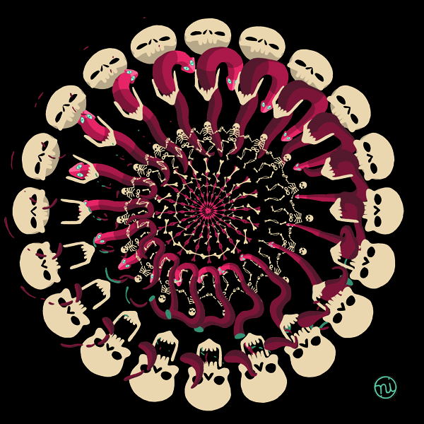Анимация Абстрактное изображение в виде круга с красными змейками, которые двигаясь от центра к краю круга, проходят через белые черепа, расположенные по всему кругу и возвращаются назад, гифка