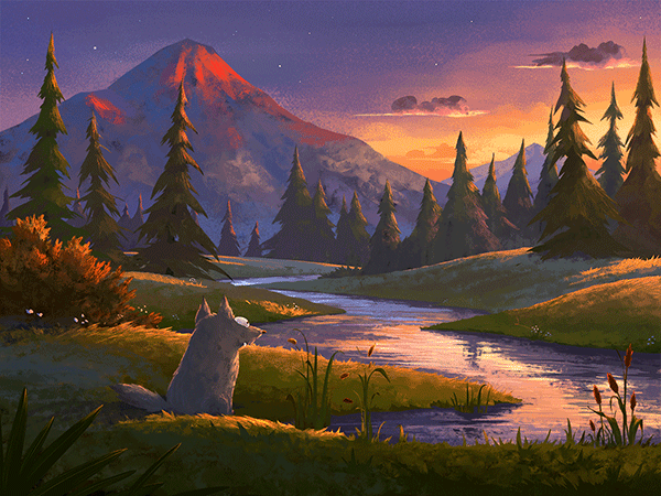 Анимация Волк сидит на берегу реки на фоне заката, гифка Волк сидит на берегу реки на фоне заката