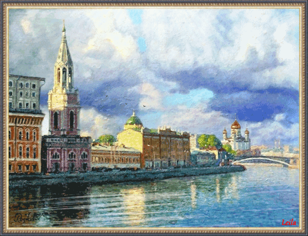 Анимация Облака над городом, Софийская набережная, художник Игорь Разживин, Leila, гифка Облака над городом, Софийская набережная, художник Игорь Разживин, Leila