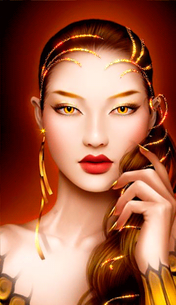 Анимация Восточная девушка с желтыми глазами, с золотыми сверкающими линиями на голове и в волосах, гифка Восточная девушка с желтыми глазами, с золотыми сверкающими линиями на голове и в волосах