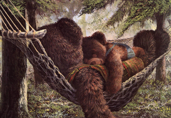 Анимация Маленький медвежонок спит на большом медведе, покачиваясь в гамаке, гифка Маленький медвежонок спит на большом медведе, покачиваясь в гамаке