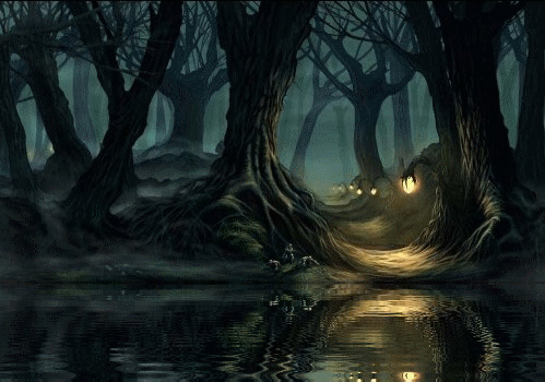 Анимация Магический лес со светящимися фонарями, гифка Магический лес со светящимися фонарями