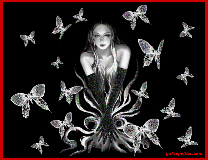 Анимация Девушка в черных перчатках на темном фоне с бабочками, гифка Девушка в черных перчатках на темном фоне с бабочками
