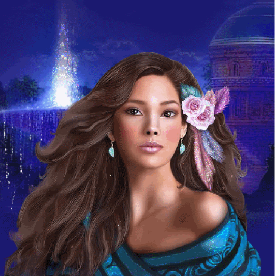 Анимация Девушка с цветами в волосах, на фоне ночи с фонтаном с подсветкой, гифка