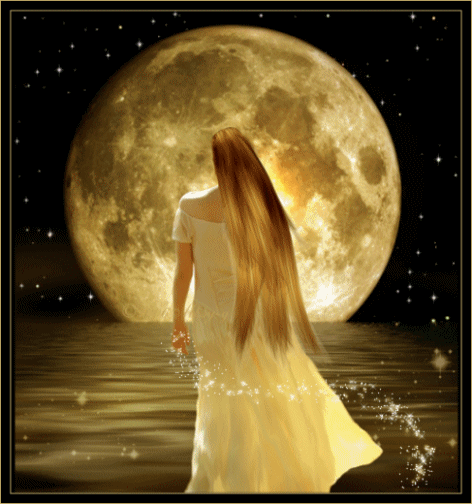 Анимация Девушка в желтом на фоне луны, гифка
