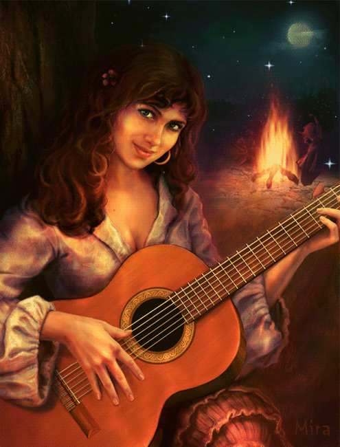 Анимация Девушка цыганка играет на гитаре / Mira, гифка Девушка цыганка играет на гитаре / Mira