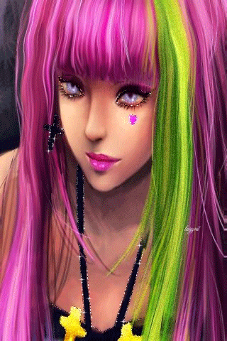 Анимация Грустная девушка с сиреневыми волосами с зеленой прядью, гифка Грустная девушка с сиреневыми волосами с зеленой прядью