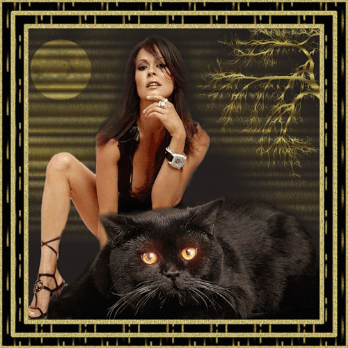 Анимация Девушка на фоне луны с черным котом и с часами на руке, гифка Девушка на фоне луны с черным котом и с часами на руке