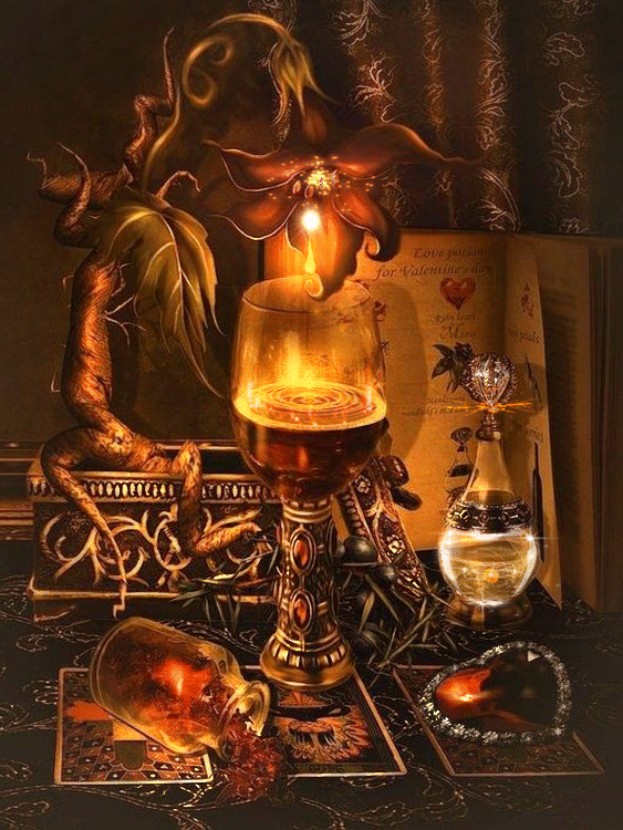 Анимация Магический стол с волшебным цветком и атрибутикой, гифка Магический стол с волшебным цветком и атрибутикой
