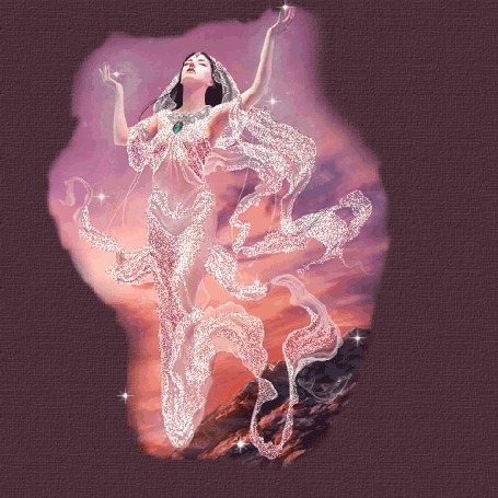 Анимация Девушка с поднятыми вверх руками в блестящем белом платье