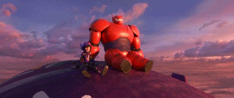 Анимация Baymax и Hiro сидят на крыше здания, кадр из мультика Город героев / Big Hero 6