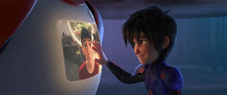 Анимация Hiro гладит рукой изображение Tadashi, кадр из мультика Город героев / Big Hero 6