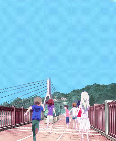 Анимация Персонажи из аниме Невиданный цветок / We still dont know the name of the flower we saw that day / Ano Hi Mita Hana no Namae o Bokutachi wa Mada Shiranai бегут по мосту
