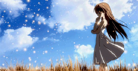 Анимация Nagisa / Нагиса из аниме Кланнад / Clannad в окружении светящихся магических шариков на фоне неба