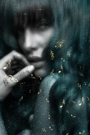 Анимация Грустная девушка смотрит сквозь стекло со стекающими каплями дождя, россыпь нотных знаков