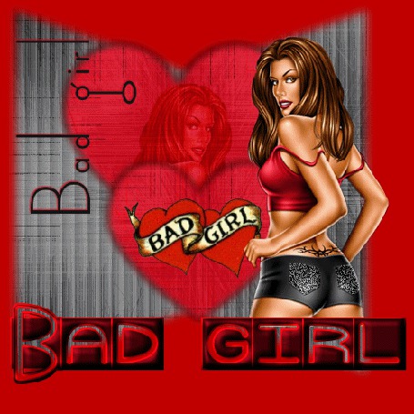 Анимация Девушка в красном на фон красных сердечек с надписью / BAD GIR
