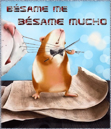 Анимация Мышка играет смычком на усах кота мелодию, стоя на нотах (Besame me Besame mucho)