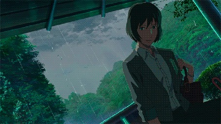 Анимация Юкари Юкино / Yukari Yukino сидит в беседке, укрывшись от дождя, аниме Сад изящных слов / Kotonoha no Niwa