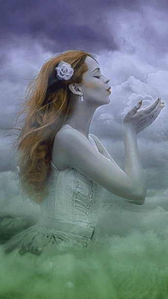 Анимация Рыжеволосая девушка с цветком в волосах держит в руках облака сдувая их с ладошек, гифка Рыжеволосая девушка с цветком в волосах держит в руках облака сдувая их с ладошек