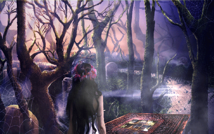 Анимация Девушка в венке среди темных деревьев, возле магической книги, которую охраняет призрак, гифка Девушка в венке среди темных деревьев, возле магической книги, которую охраняет призрак