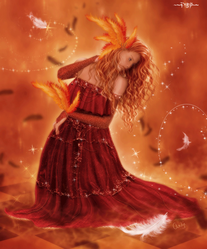 Анимация Девушка на красном фоне в длинном платье с перьями в волосах и на руке, гифка Девушка на красном фоне в длинном платье с перьями в волосах и на руке