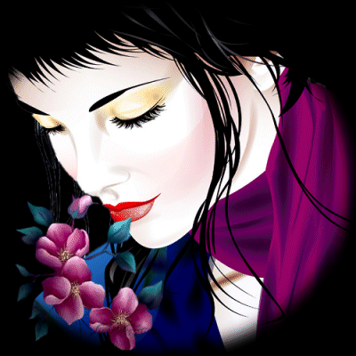 Анимация Черноволосая девушка с цветами и с красной помадой на губах плачет, гифка Черноволосая девушка с цветами и с красной помадой на губах плачет