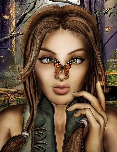 Анимация Красивая девушка с бабочкой на носу, гифка Красивая девушка с бабочкой на носу