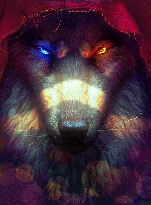 Анимация Волк в бордовом капюшоне с разноцветными сияющими глазами, гифка Волк в бордовом капюшоне с разноцветными сияющими глазами